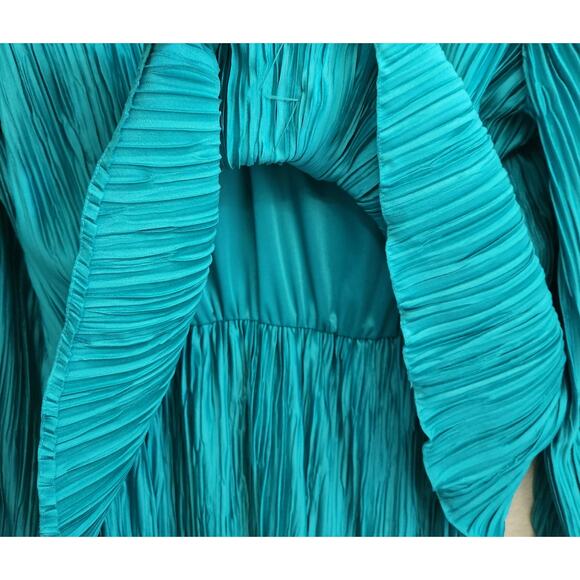 Green Blue Teal Pleated Material Beaded Rhinestone A Line Dress 16 Lightweight - Picture 4 of 5